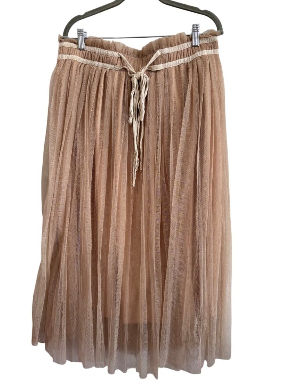 Nearkin Layered Tan Tulle Midi Skirt A-Line Fit And Sheer Overlay For Women